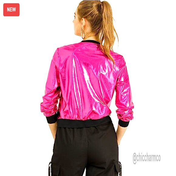 Shimmering Metallic Bomber Jacket Hooded Casual Y2K Chic Party Wear - Picture 5 of 5